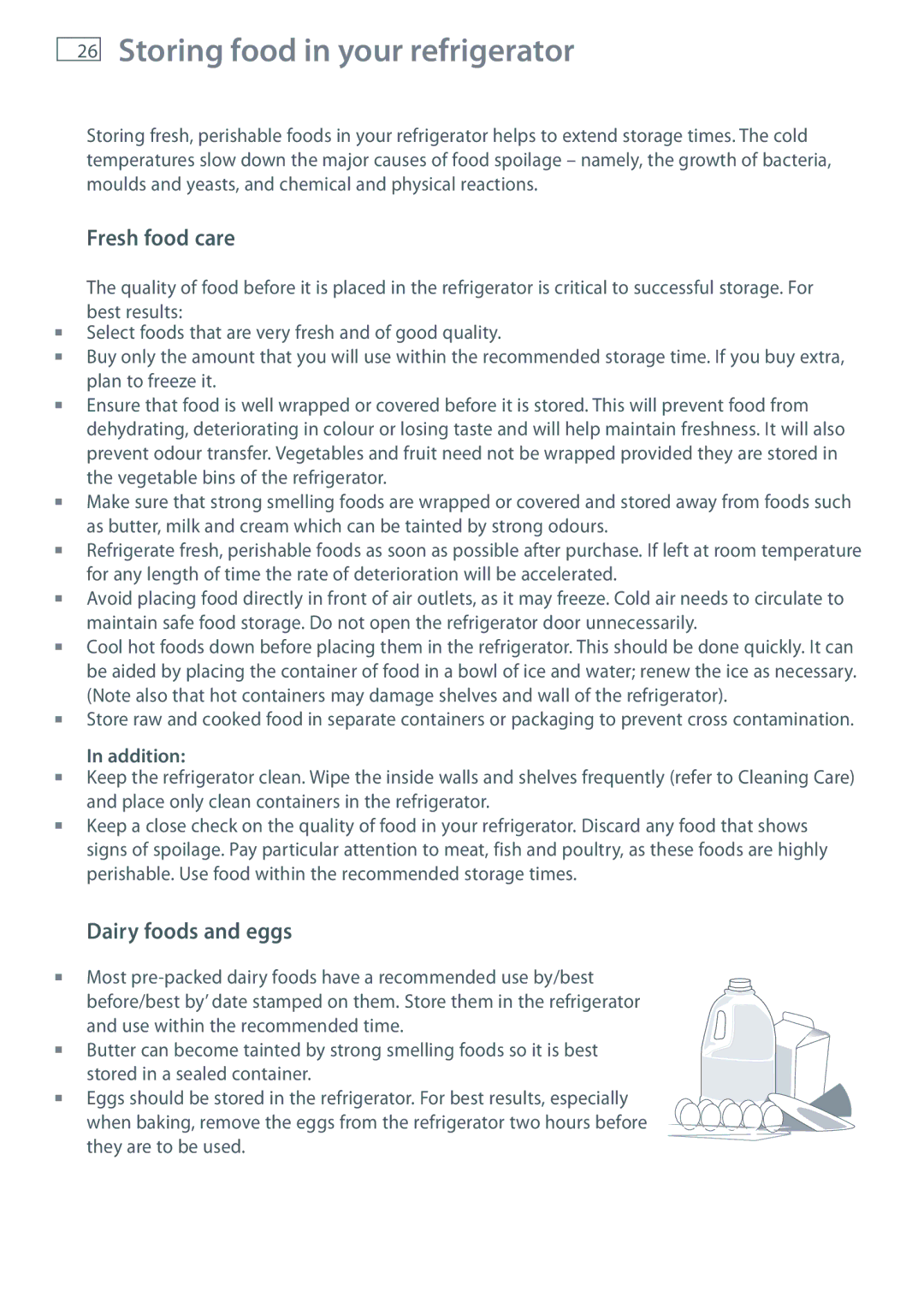 Fisher & Paykel E415H, E440T, E413T, E442B, E411T Storing food in your refrigerator, Fresh food care, Dairy foods and eggs 