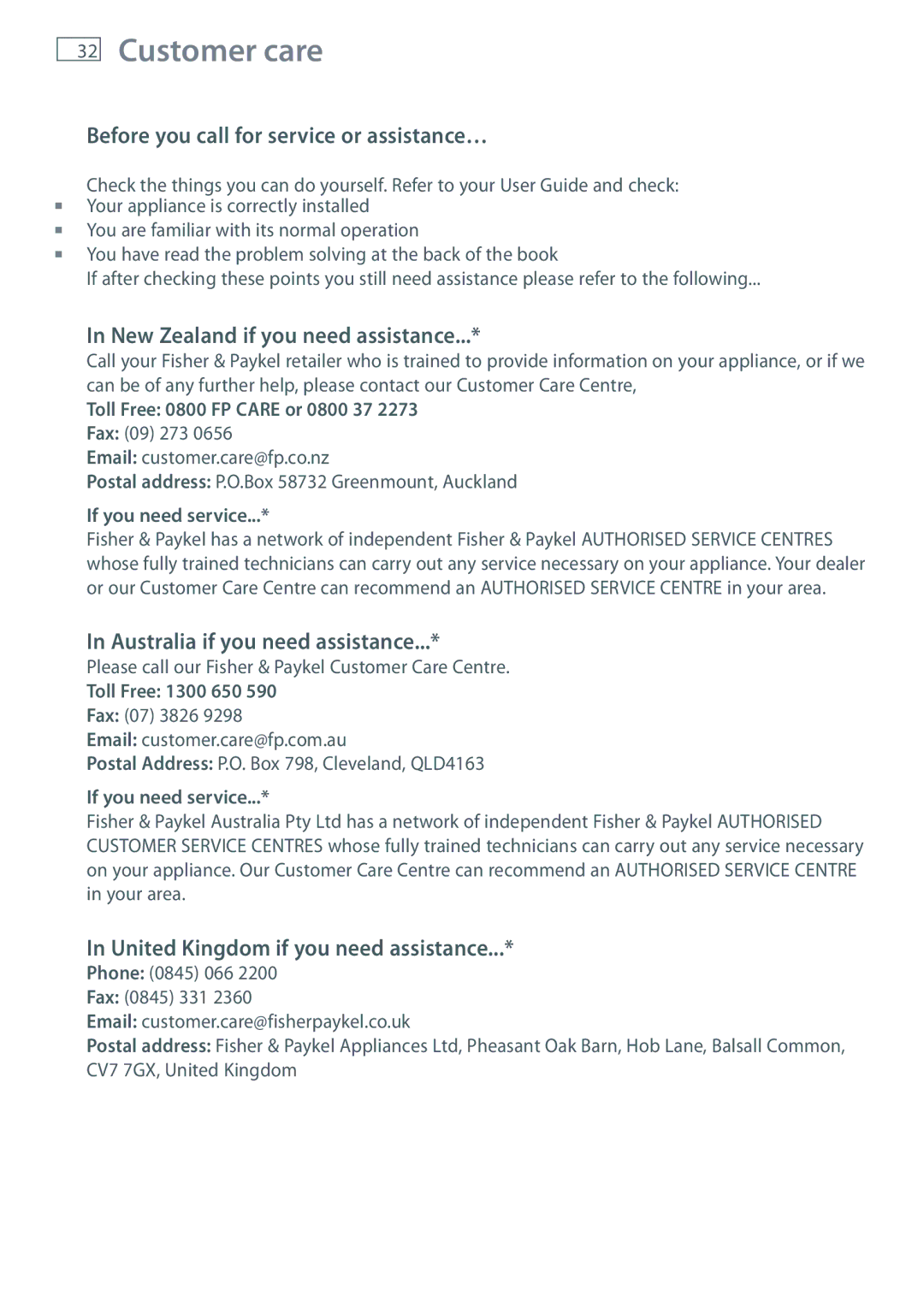 Fisher & Paykel E381T, E440T Customer care, Before you call for service or assistance…, New Zealand if you need assistance 