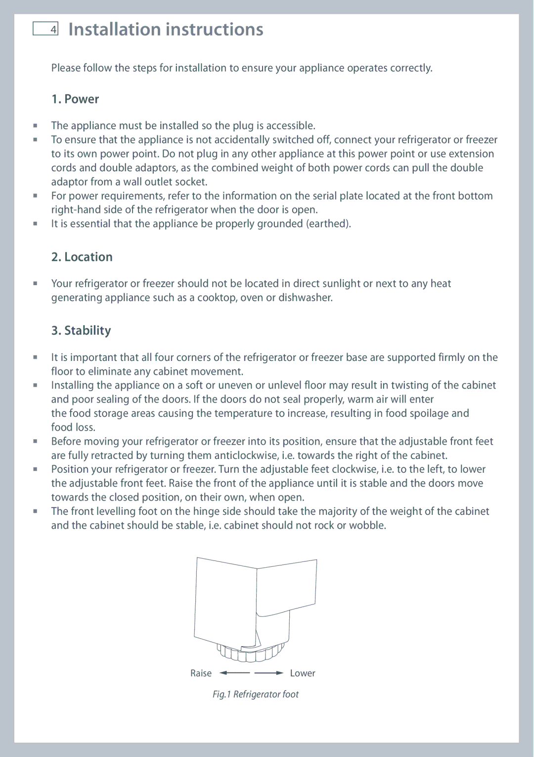 Fisher & Paykel E406B, E440T, E413T, E415H, E442B, E411T, E402B, E521T Installation instructions, Power, Location, Stability 