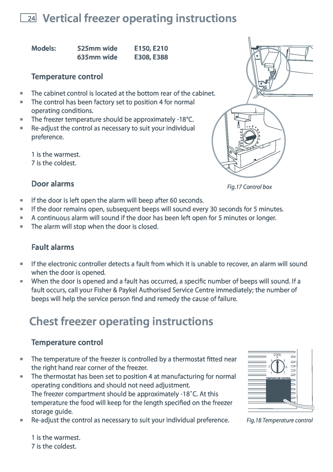 Fisher & Paykel E440T Vertical freezer operating instructions, Chest freezer operating instructions, Temperature control 