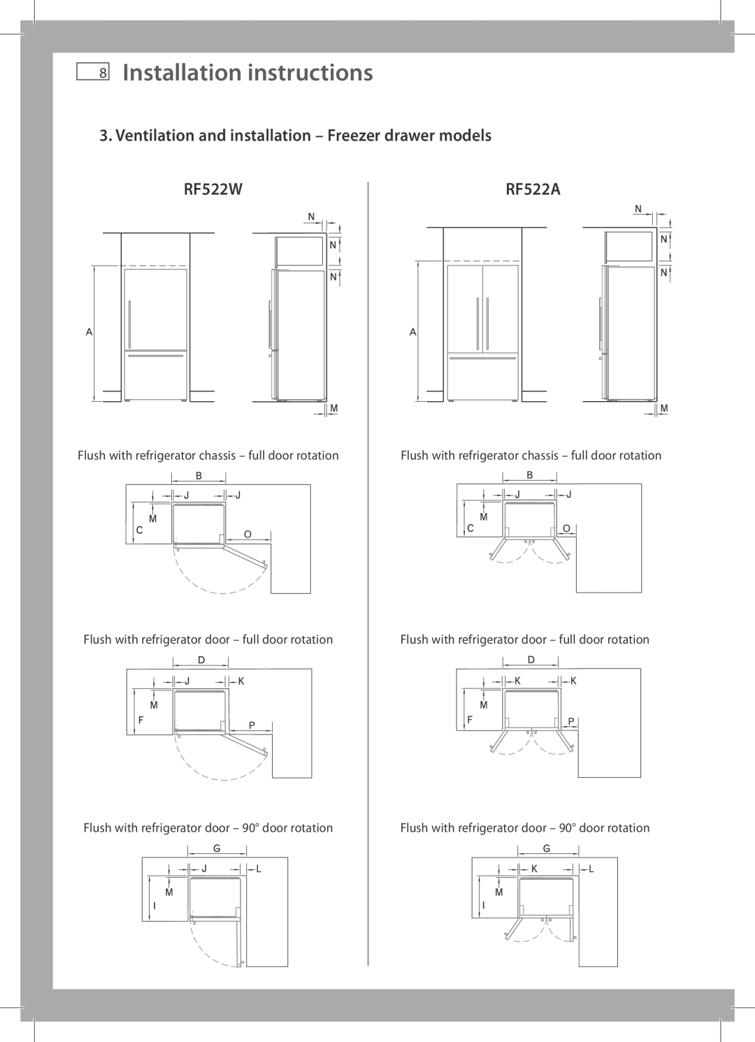 Fisher & Paykel E402B, E440T, E413T, E415H, E442B, RF522A, E411T, RF522W, H275, H215, E522B, E450, E406B Installation instructions 