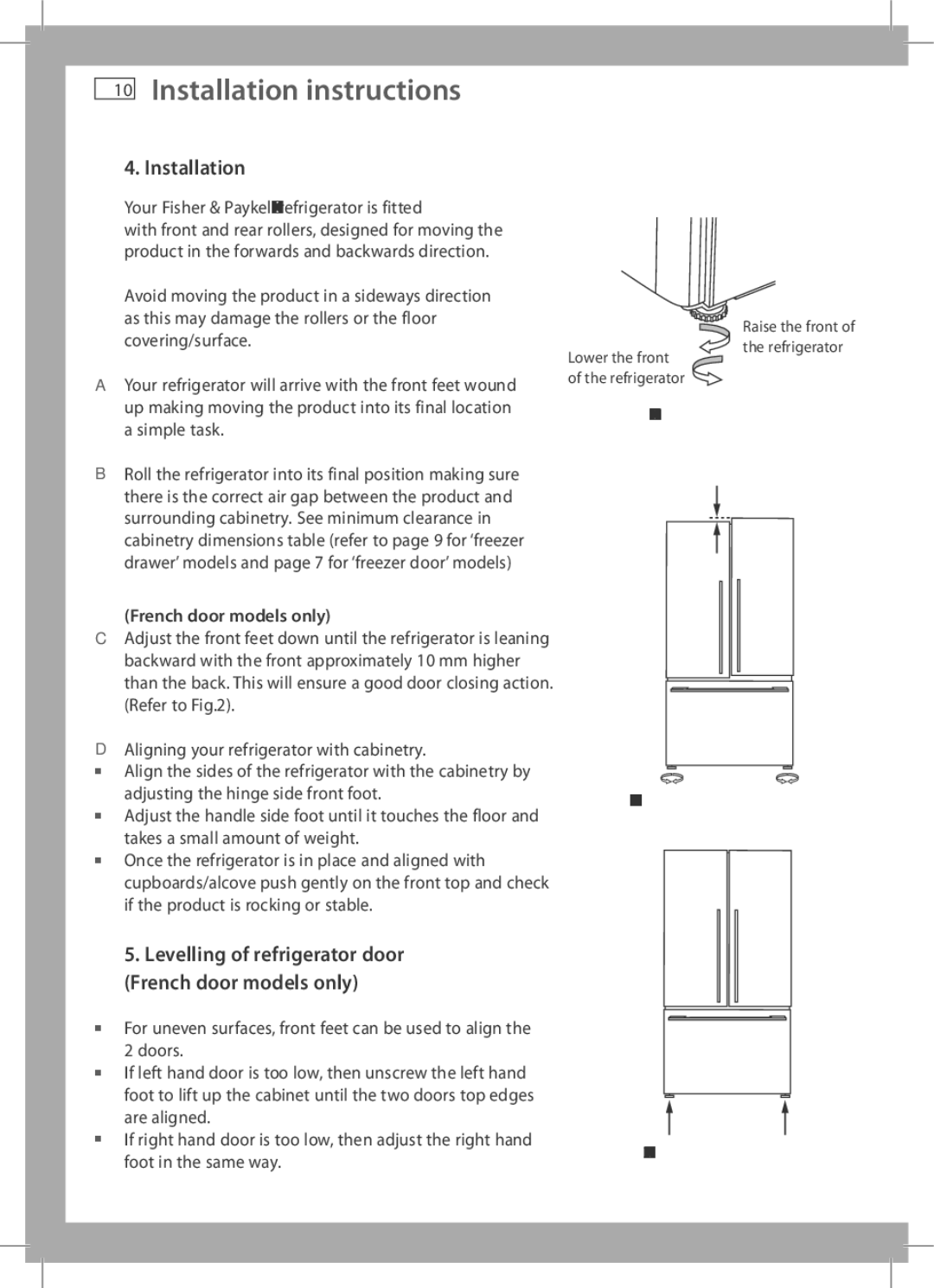 Fisher & Paykel E406B, E440T, E413T, E415H, E442B Installation, Levelling of refrigerator door French door models only 