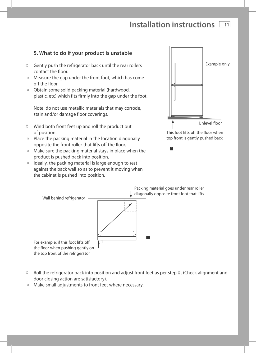 Fisher & Paykel H320, E440T, E413T, E415H, E442B, RF522A, H275 What to do if your product is unstable, Wall behind refrigerator 