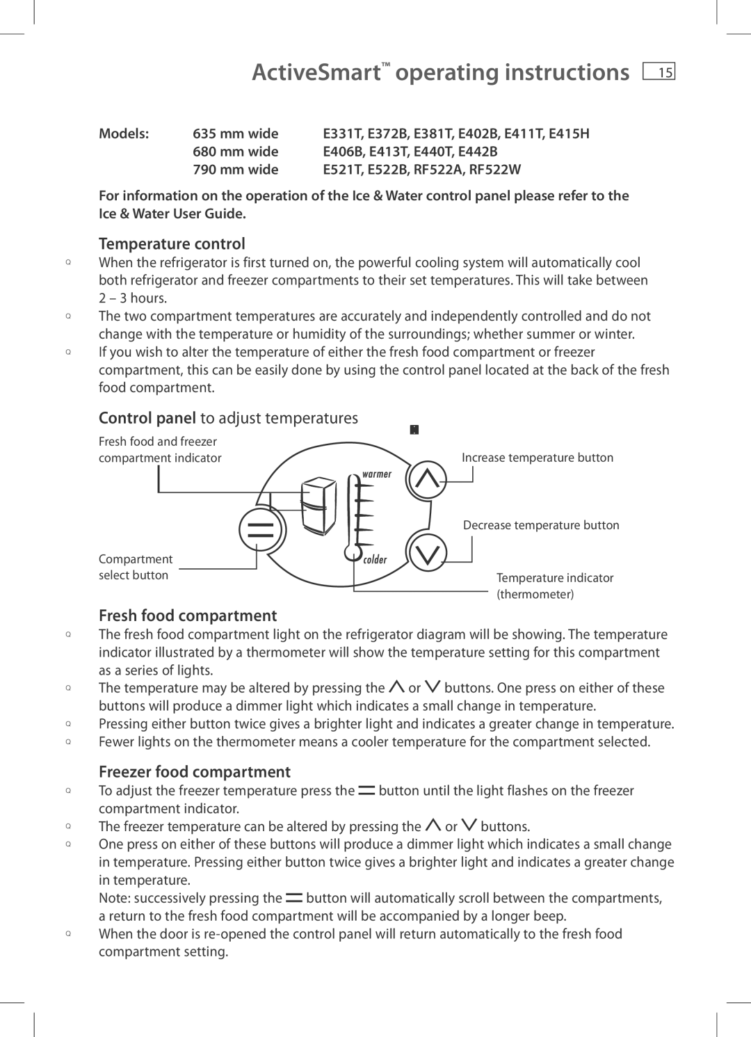 Fisher & Paykel E521T ActiveSmart operating instructions, Temperature control, Fresh food compartment, Models Mm wide 