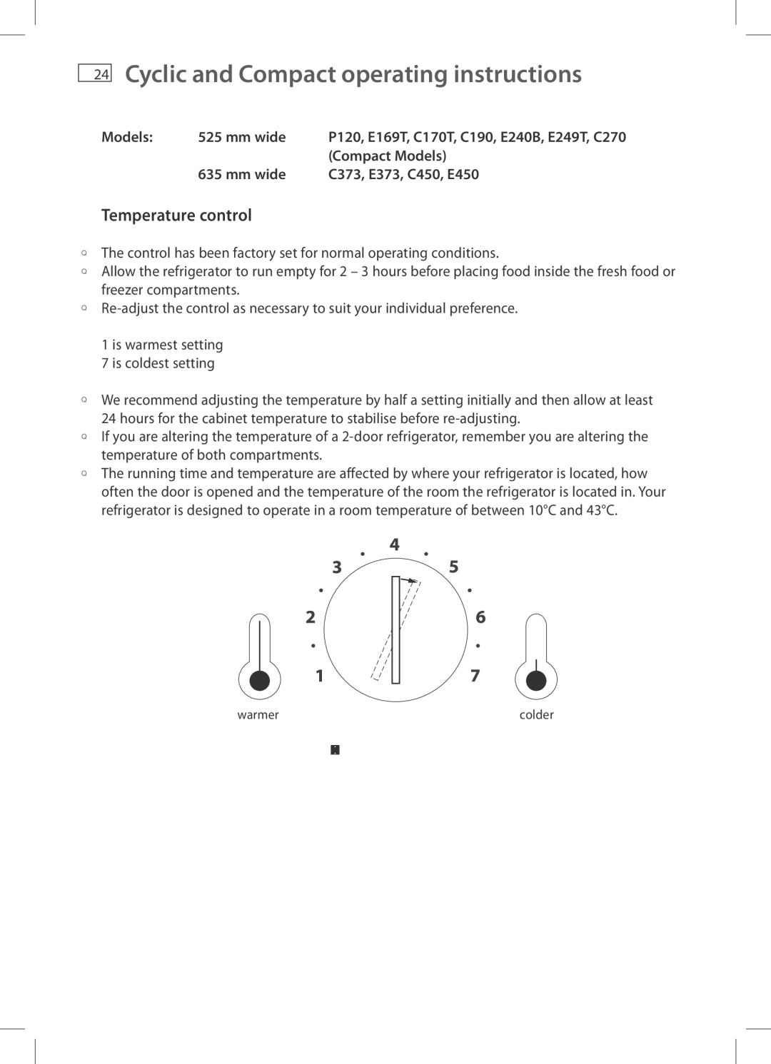 Fisher & Paykel E249T, E440T Cyclic and Compact operating instructions, Compact Models, Mm wide C373, E373, C450, E450 