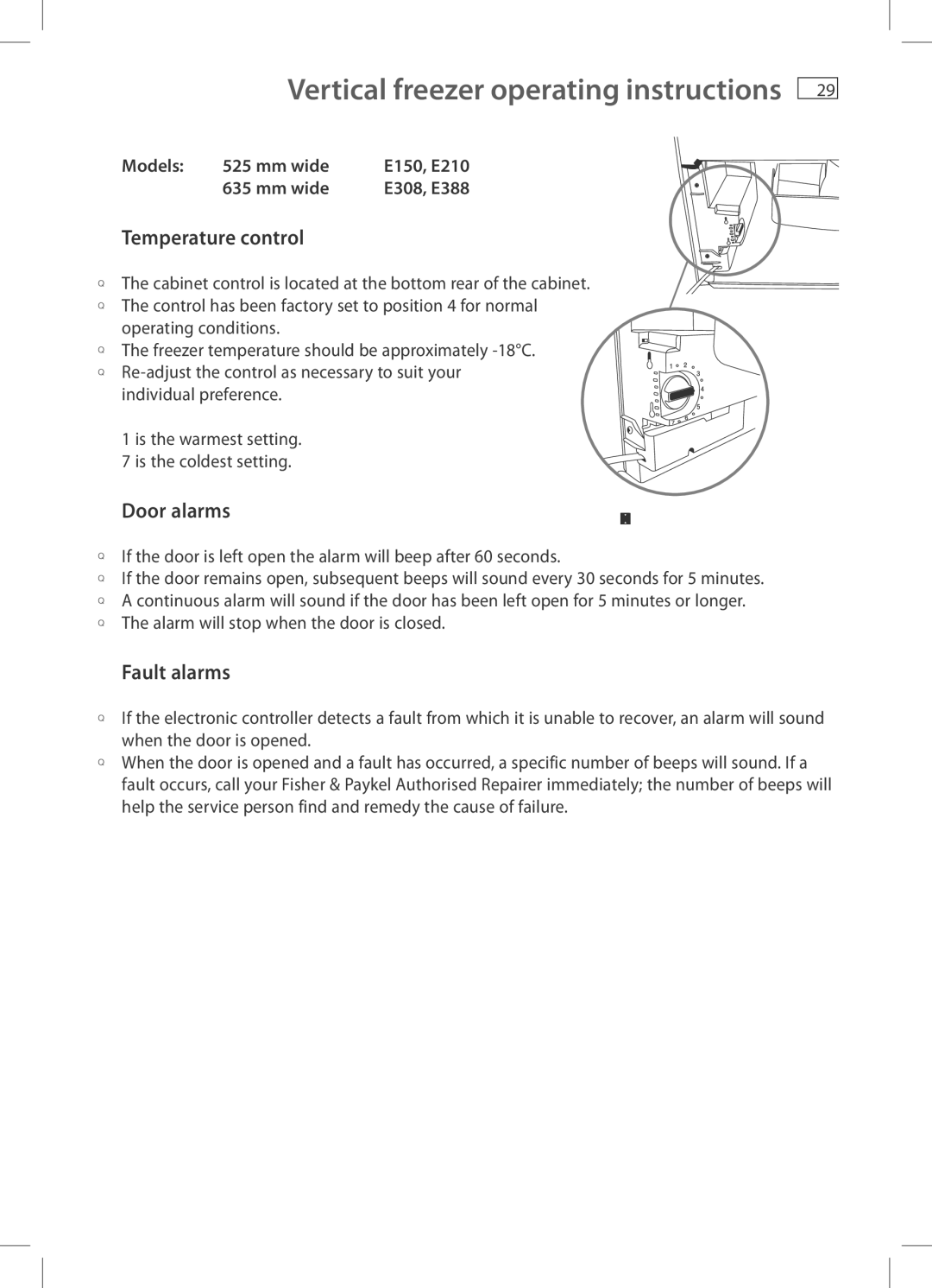 Fisher & Paykel E210, E440T, E413T, E415H, E442B, RF522A, E411T, RF522W Vertical freezer operating instructions, Door alarms 