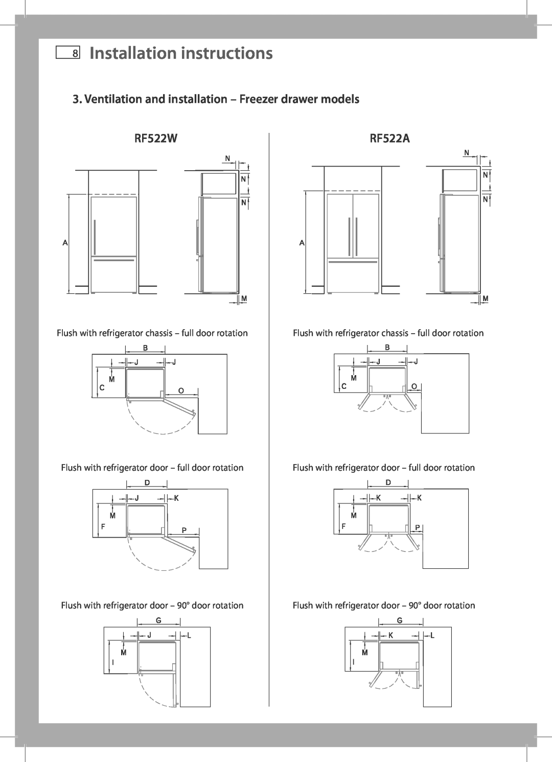 Fisher & Paykel E402B Ventilation and installation - Freezer drawer models, RF522W, RF522A, Installation instructions 
