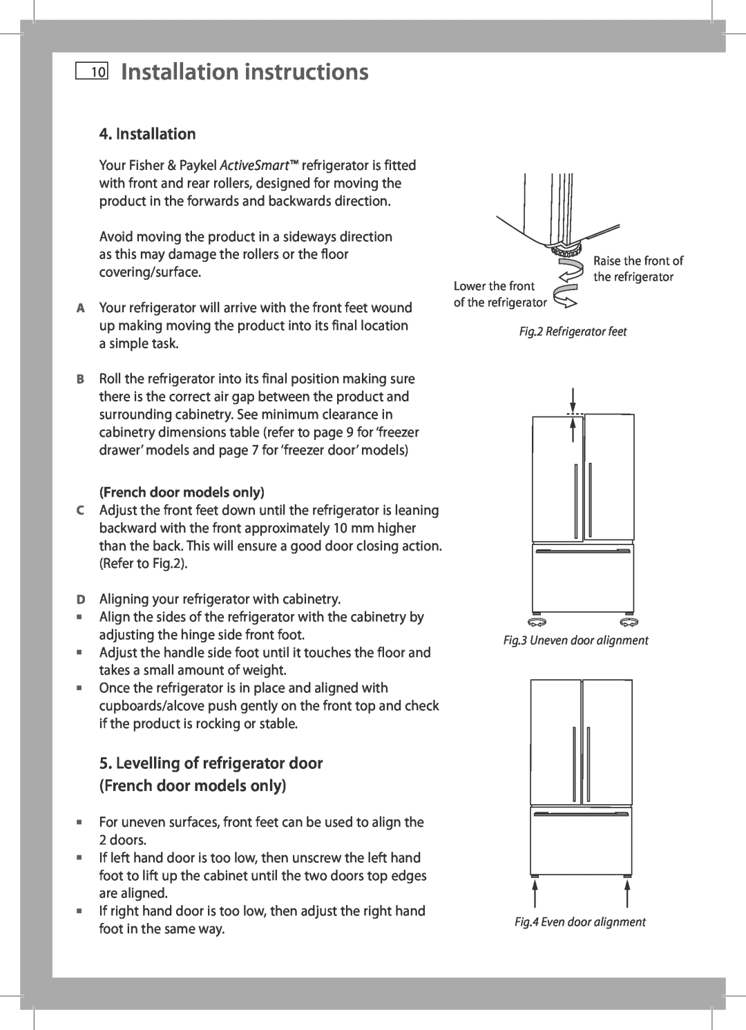 Fisher & Paykel E406B, E440T, E413T, E415H, E442B, RF522A, E411T, RF522W Installation instructions, French door models only 