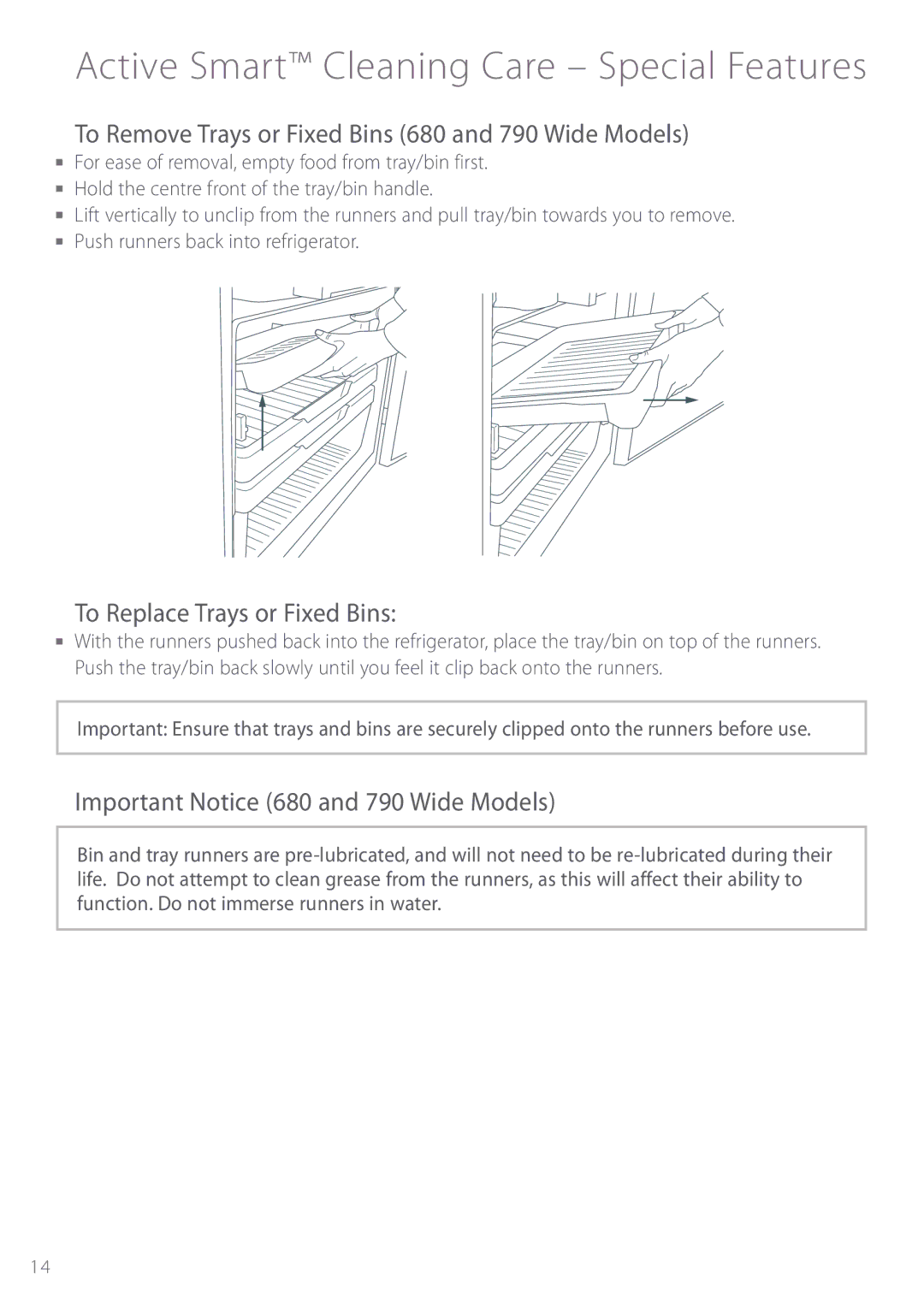 Fisher & Paykel E440T manual To Remove Trays or Fixed Bins 680 and 790 Wide Models, To Replace Trays or Fixed Bins 