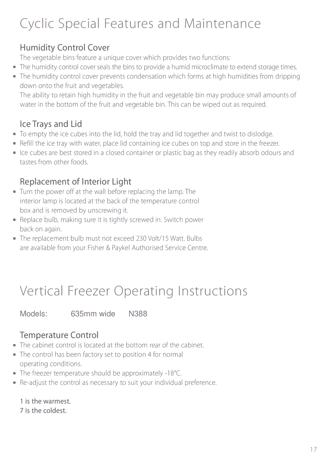 Fisher & Paykel E440T manual Cyclic Special Features and Maintenance, Vertical Freezer Operating Instructions 