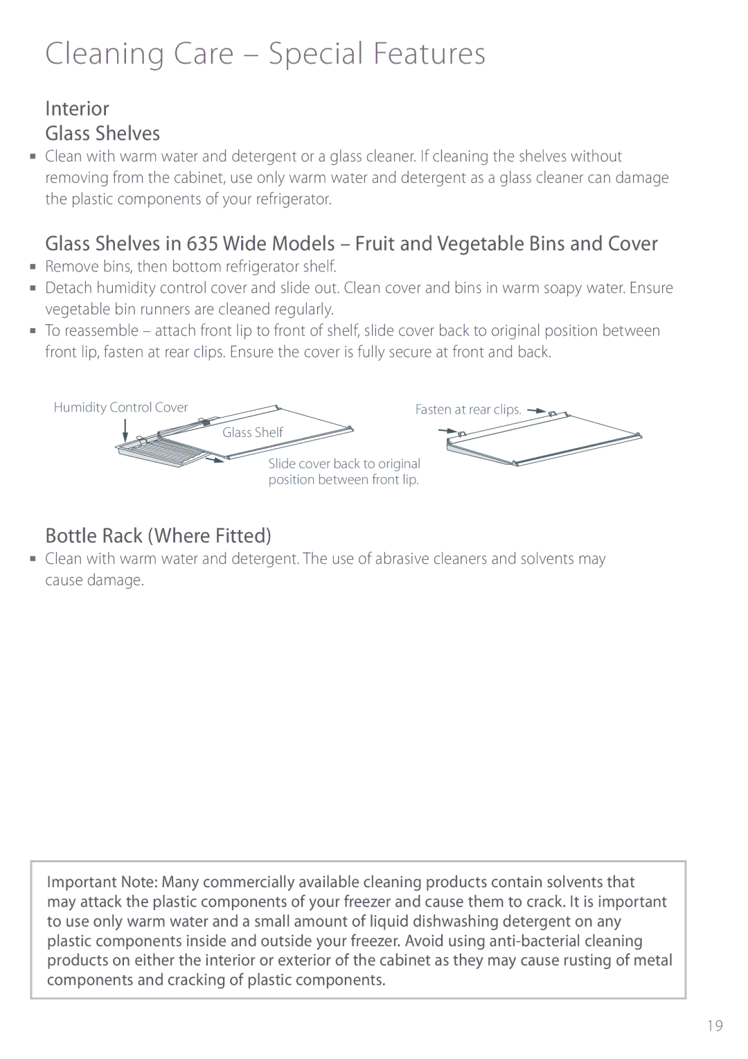 Fisher & Paykel E440T manual Cleaning Care Special Features, Interior Glass Shelves, Bottle Rack Where Fitted 