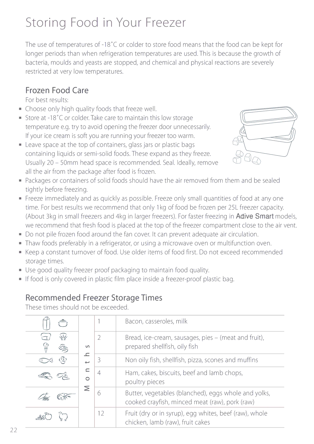 Fisher & Paykel E440T manual Storing Food in Your Freezer, Frozen Food Care, Recommended Freezer Storage Times 