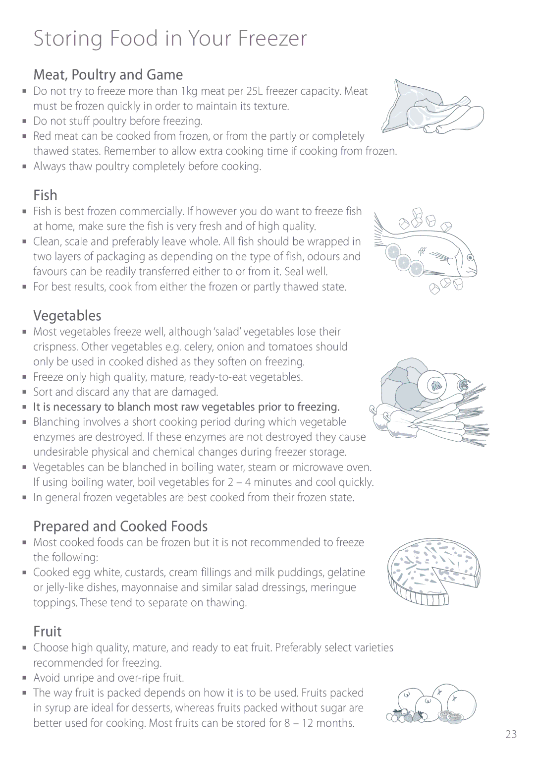 Fisher & Paykel E440T manual Meat, Poultry and Game, Fish, Vegetables, Prepared and Cooked Foods, Fruit 