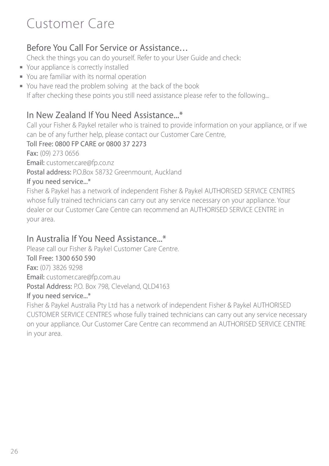 Fisher & Paykel E440T manual Customer Care, Before You Call For Service or Assistance…, New Zealand If You Need Assistance 