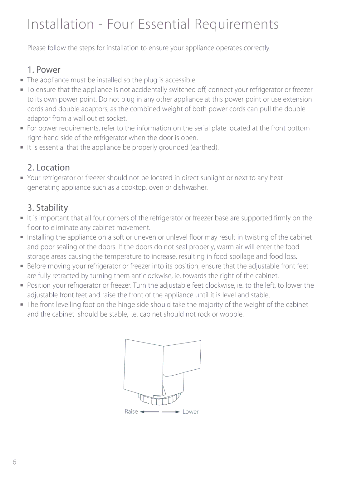 Fisher & Paykel E440T manual Installation Four Essential Requirements, Power, Location, Stability 