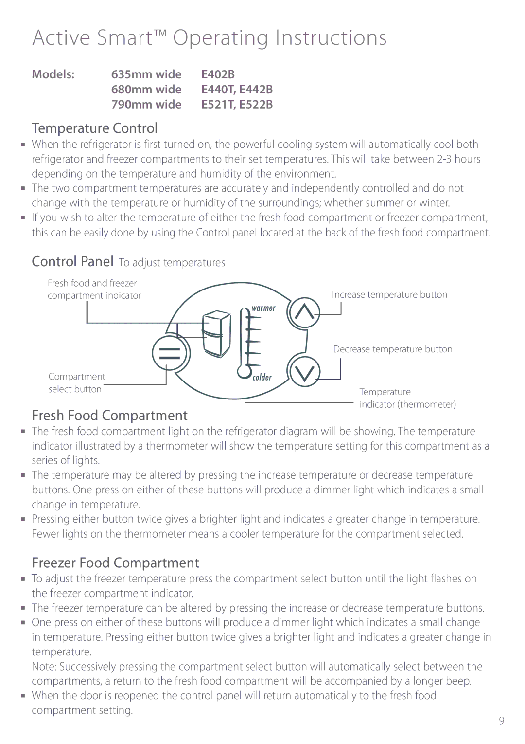 Fisher & Paykel E440T manual Active Smart Operating Instructions, Temperature Control, Fresh Food Compartment 