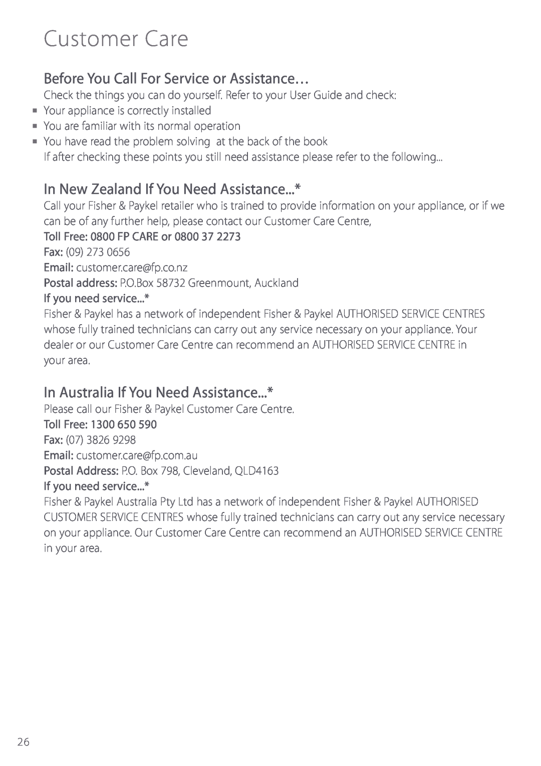 Fisher & Paykel E440T Customer Care, Before You Call For Service or Assistance…, In New Zealand If You Need Assistance 