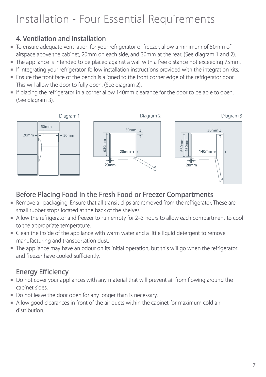 Fisher & Paykel E440T Ventilation and Installation, Energy Efficiency, Installation - Four Essential Requirements, Diagram 