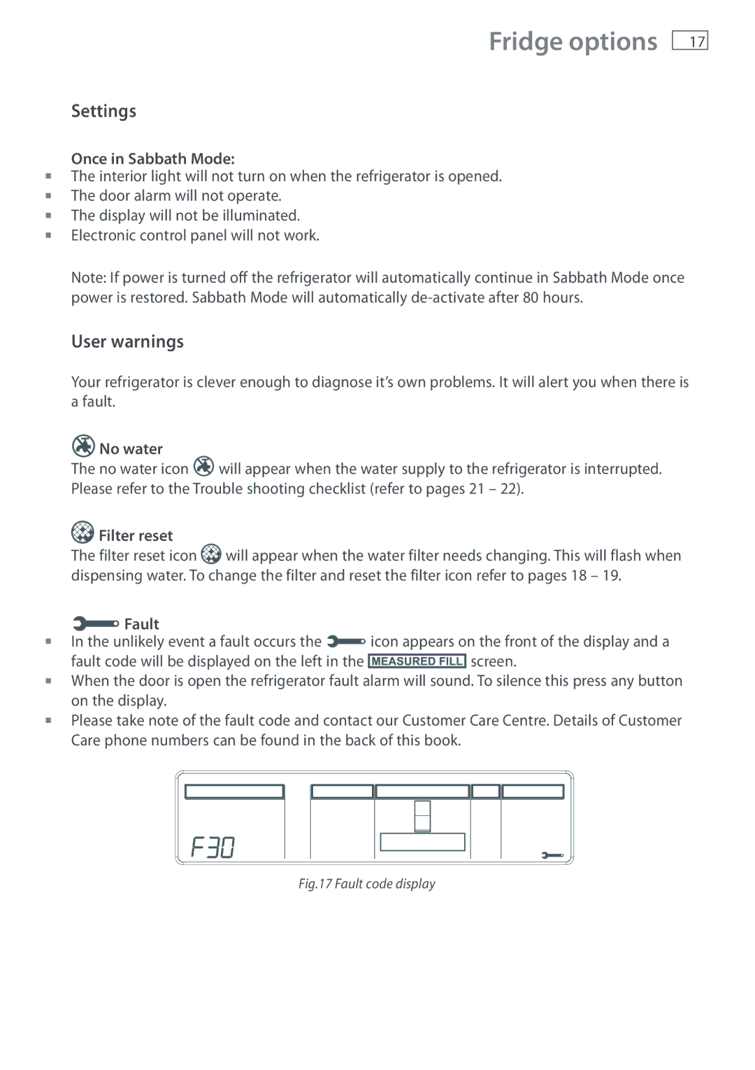 Fisher & Paykel E402B, E442B installation instructions User warnings, Once in Sabbath Mode, No water, Filter reset, Fault 