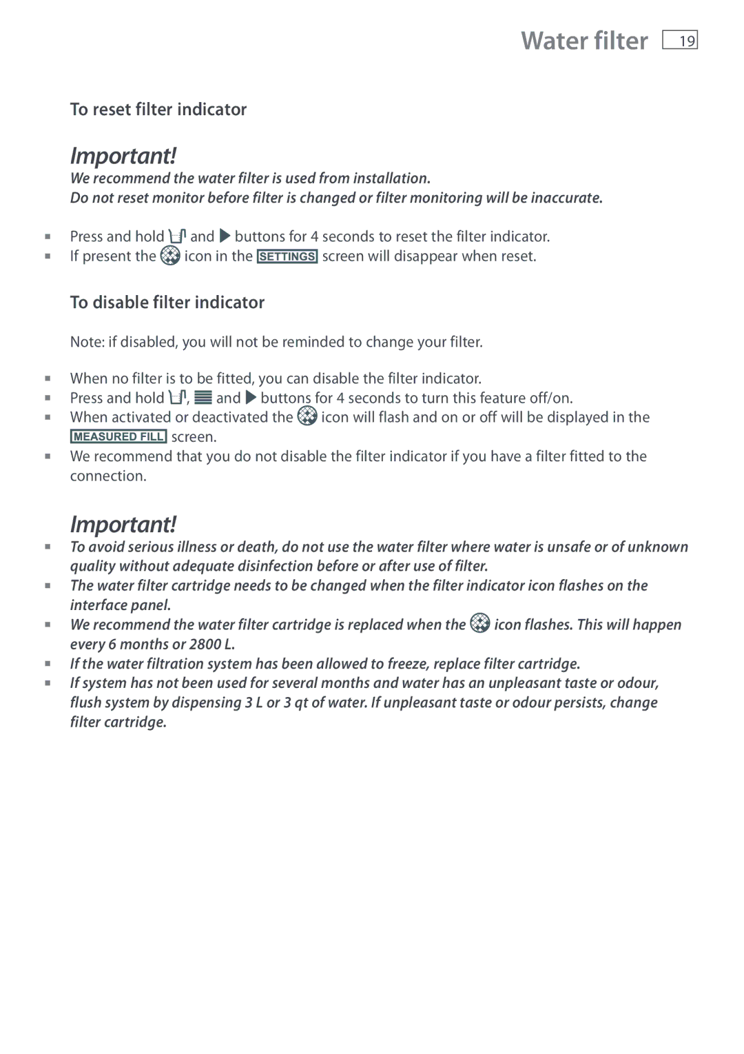 Fisher & Paykel E402B, E442B installation instructions To reset filter indicator, To disable filter indicator 