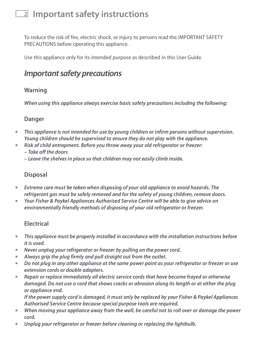 Fisher & Paykel E442B, E402B installation instructions Important safety instructions, Disposal, Electrical 