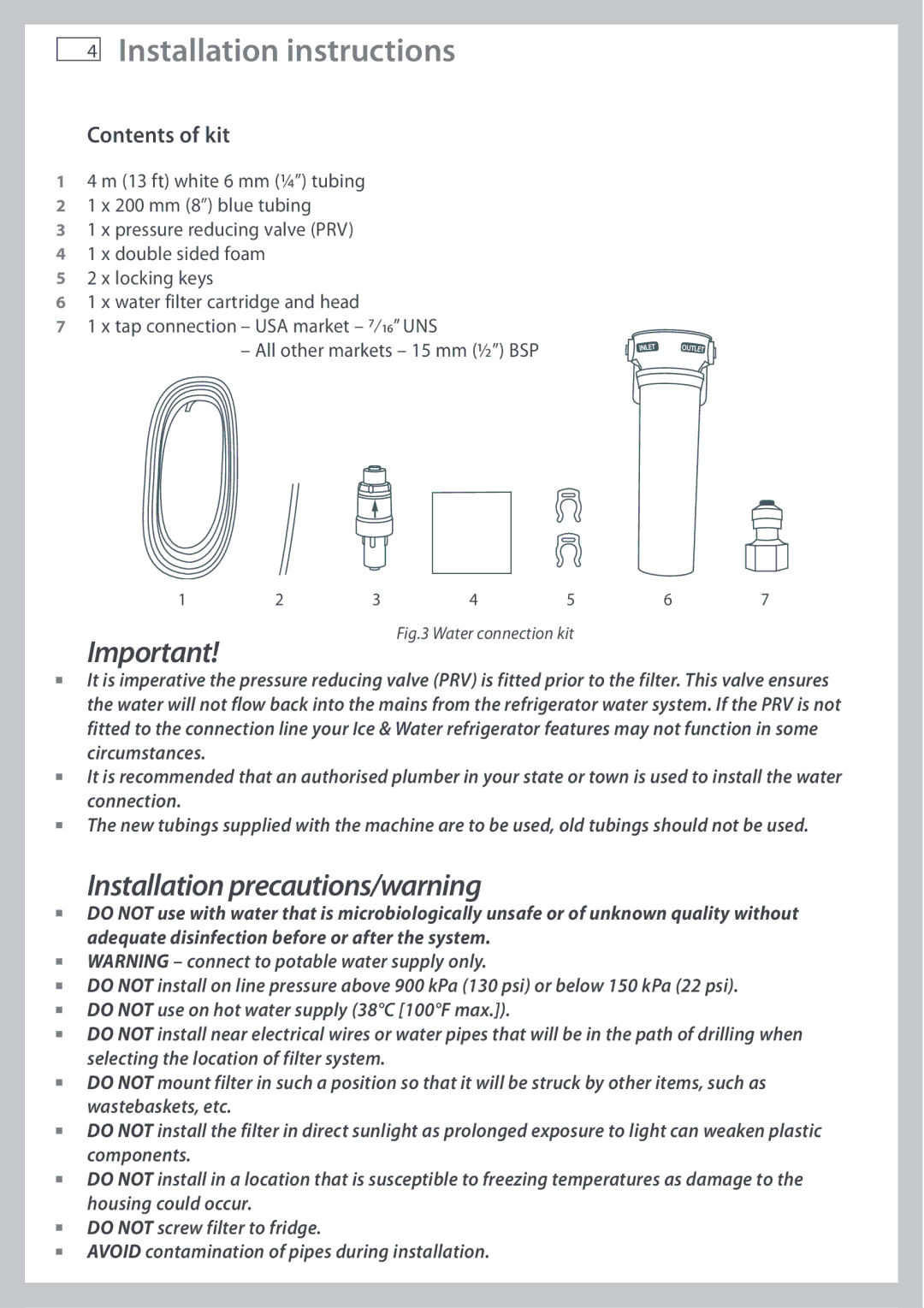 Fisher & Paykel E442B, E402B installation instructions Installation instructions, Contents of kit 