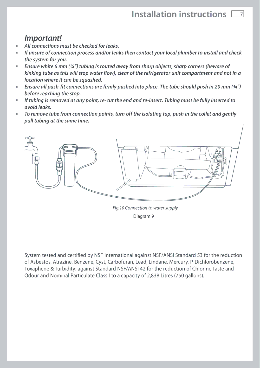 Fisher & Paykel E402B, E442B installation instructions Connection to water supply 