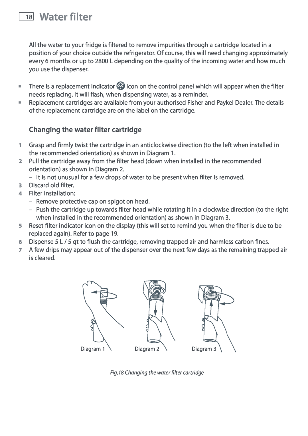 Fisher & Paykel E442B, E402B installation instructions Water filter, Changing the water filter cartridge 