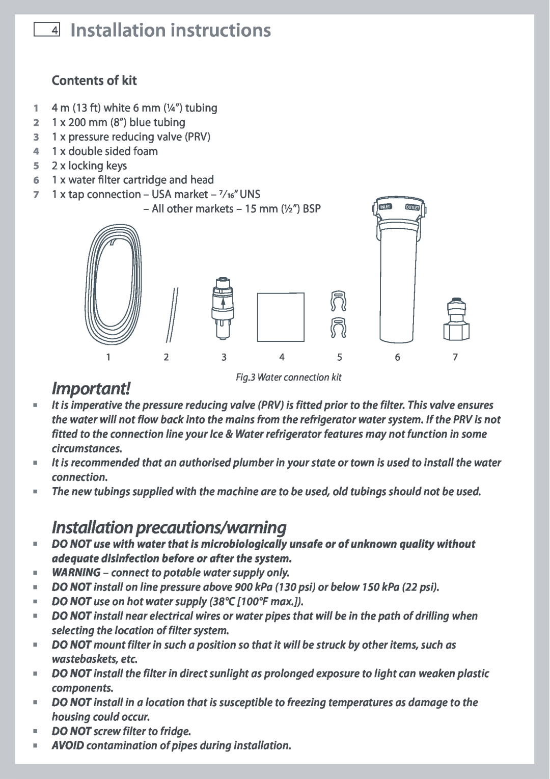 Fisher & Paykel E442B, E402B Installation instructions, Installation precautions/warning, Contents of kit 