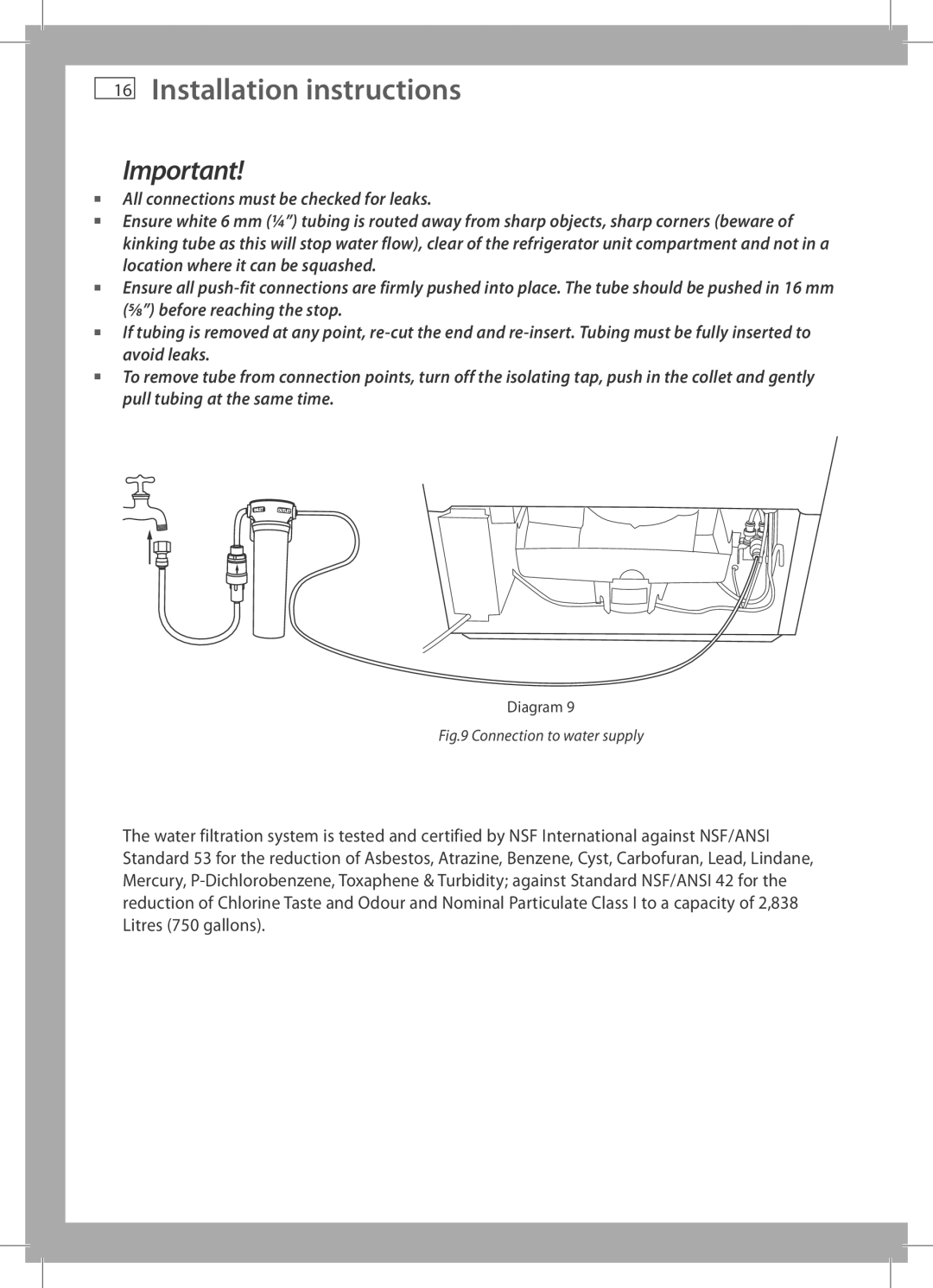 Fisher & Paykel E442B, RF522A, RF610A, RF522W, RF540A, E522B, E402B, E406B, E372B Connection to water supply 