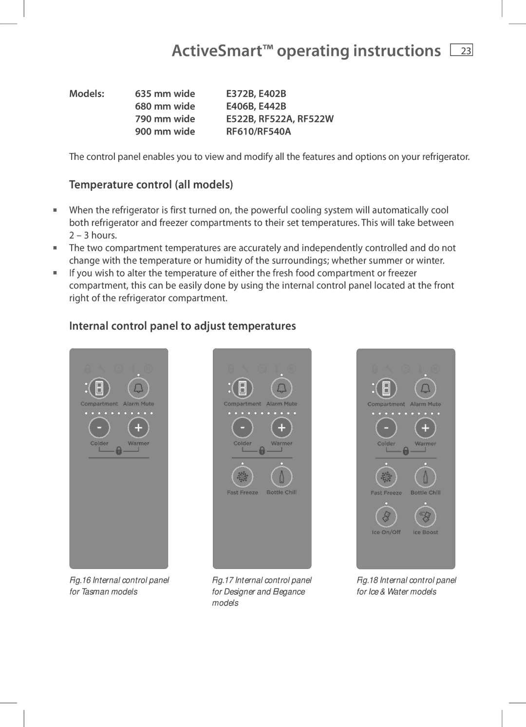 Fisher & Paykel E406B, E442B ActiveSmart operating instructions, Temperature control all models, Mm wide RF610/RF540A 