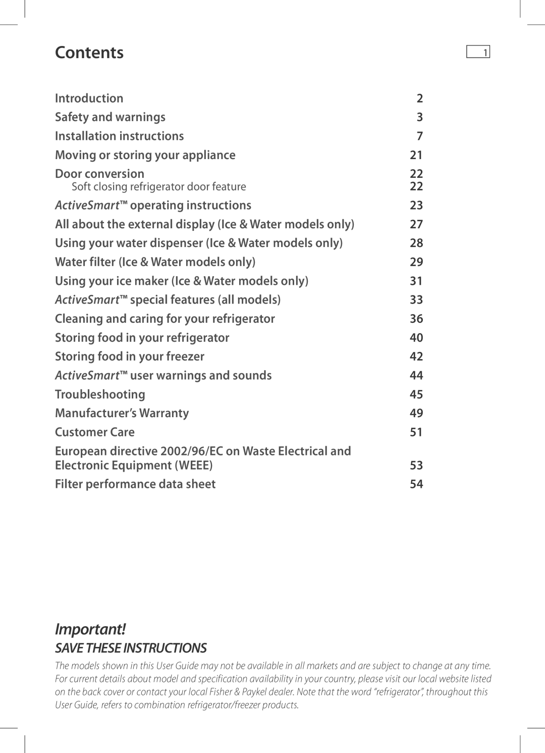 Fisher & Paykel RF522W, E442B, RF522A, RF610A, RF540A, E522B, E402B, E406B, E372B installation instructions Contents 