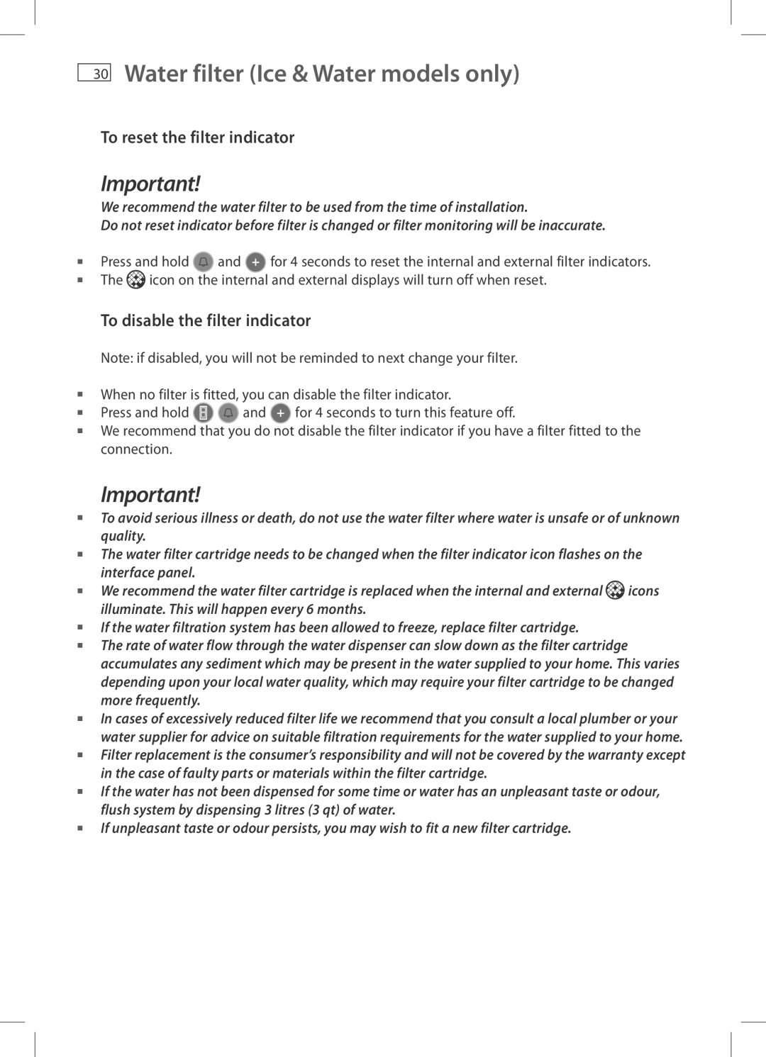 Fisher & Paykel E522B Water filter Ice & Water models only, To reset the filter indicator, To disable the filter indicator 