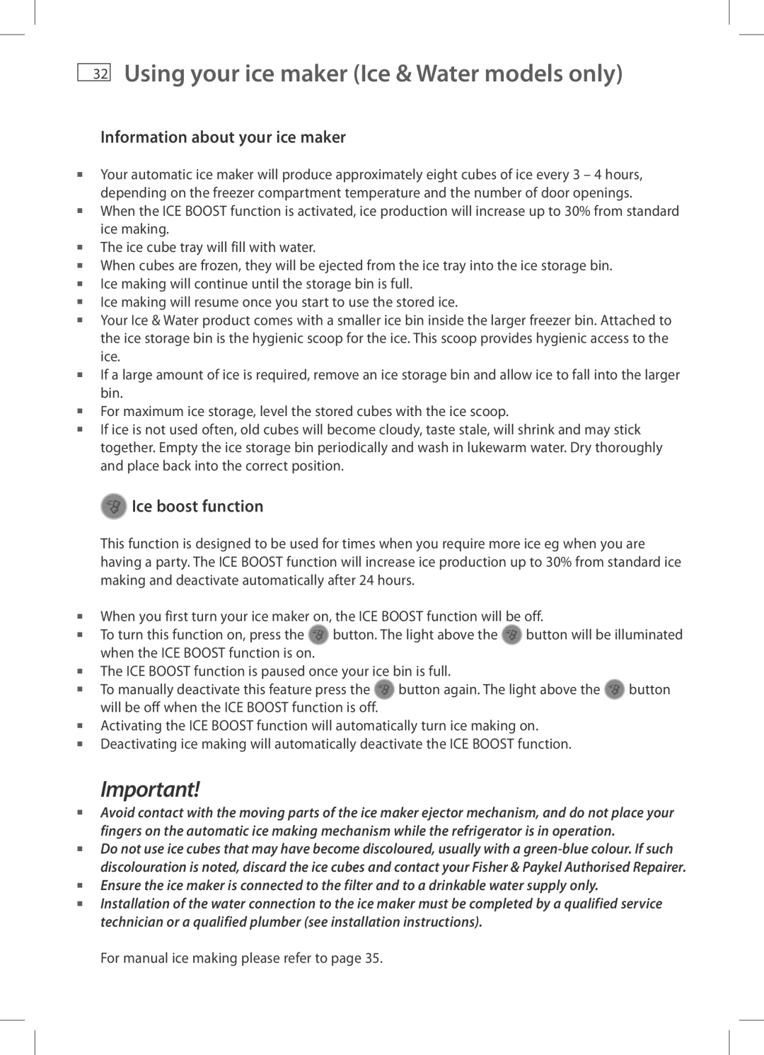 Fisher & Paykel E406B, E442B Information about your ice maker, Ice boost function, For manual ice making please refer to 
