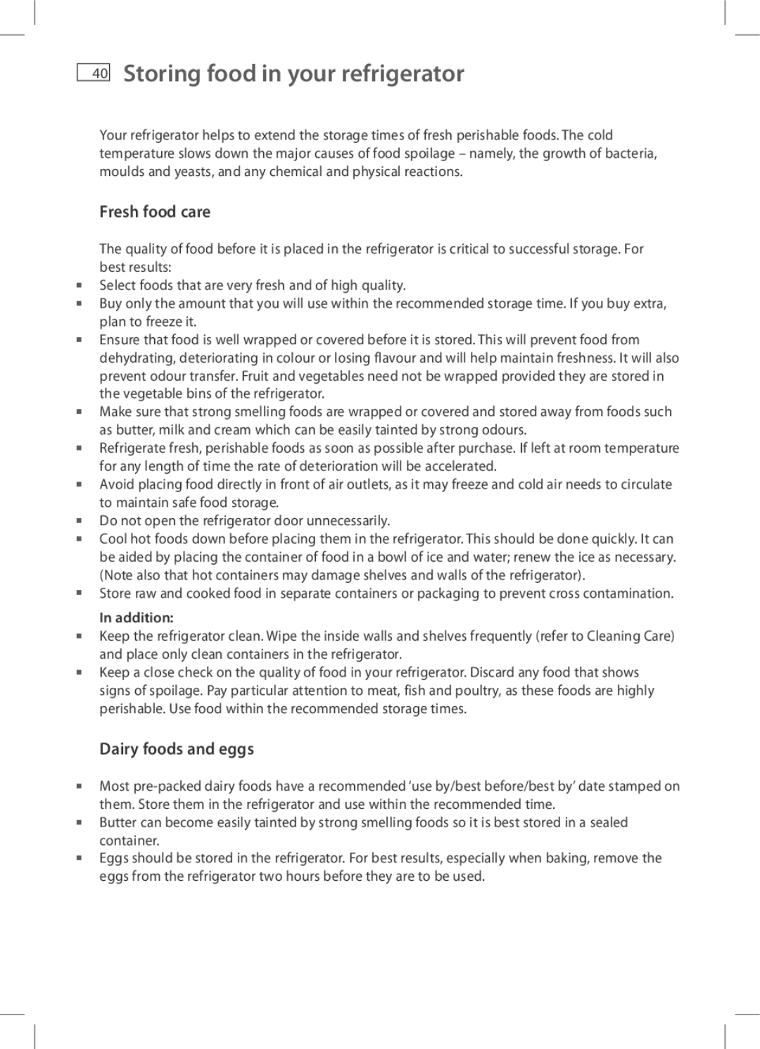 Fisher & Paykel E402B, E442B, RF522A Storing food in your refrigerator, Fresh food care, Dairy foods and eggs, Addition 