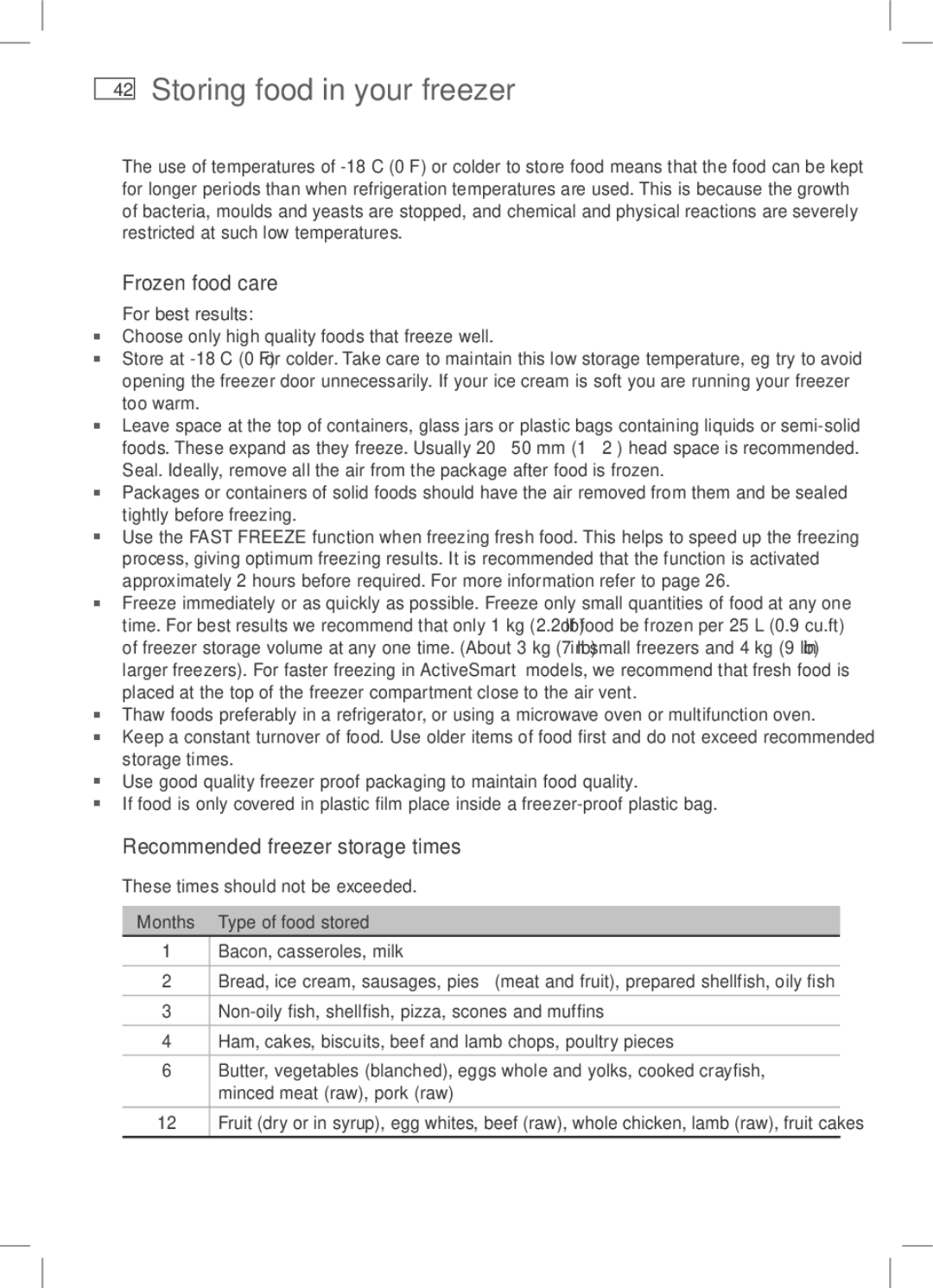Fisher & Paykel E372B Storing food in your freezer, Frozen food care, Recommended freezer storage times, For best results 
