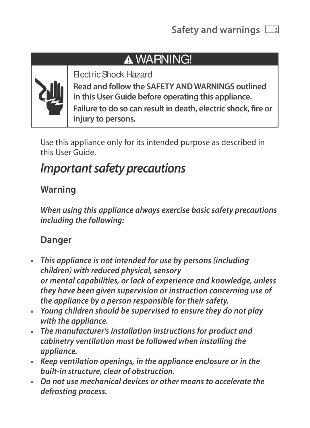 Fisher & Paykel E522B, E442B, RF522A, RF610A, RF522W, RF540A, E402B, E406B, E372B Safety and warnings, Electric Shock Hazard 