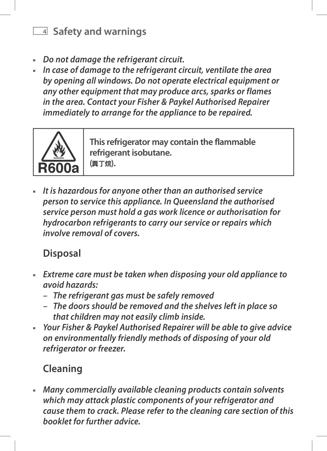 Fisher & Paykel E402B, E442B, RF522A, RF610A, RF522W, RF540A, E522B, E406B, E372B installation instructions R600a 