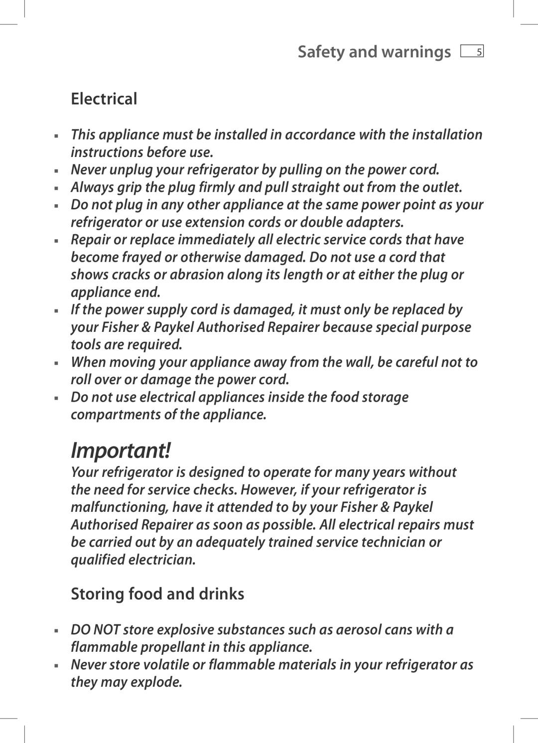 Fisher & Paykel E406B, E442B, RF522A, RF610A, RF522W, RF540A, E522B, E402B, E372B installation instructions Electrical 