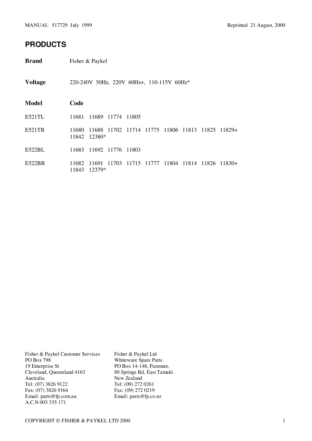 Fisher & Paykel E521TL E521TR E522BL E522BR manual Products 