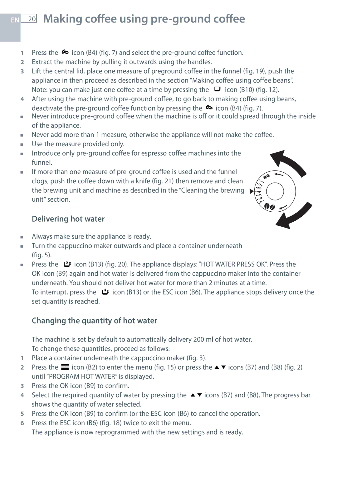 Fisher & Paykel EB60DSXB Making coffee using pre-ground coffee, Delivering hot water, Changing the quantity of hot water 