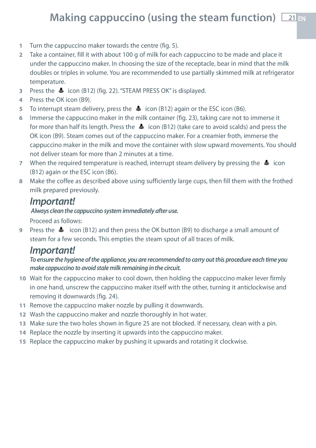 Fisher & Paykel EB60DSXB installation instructions Making cappuccino using the steam function 