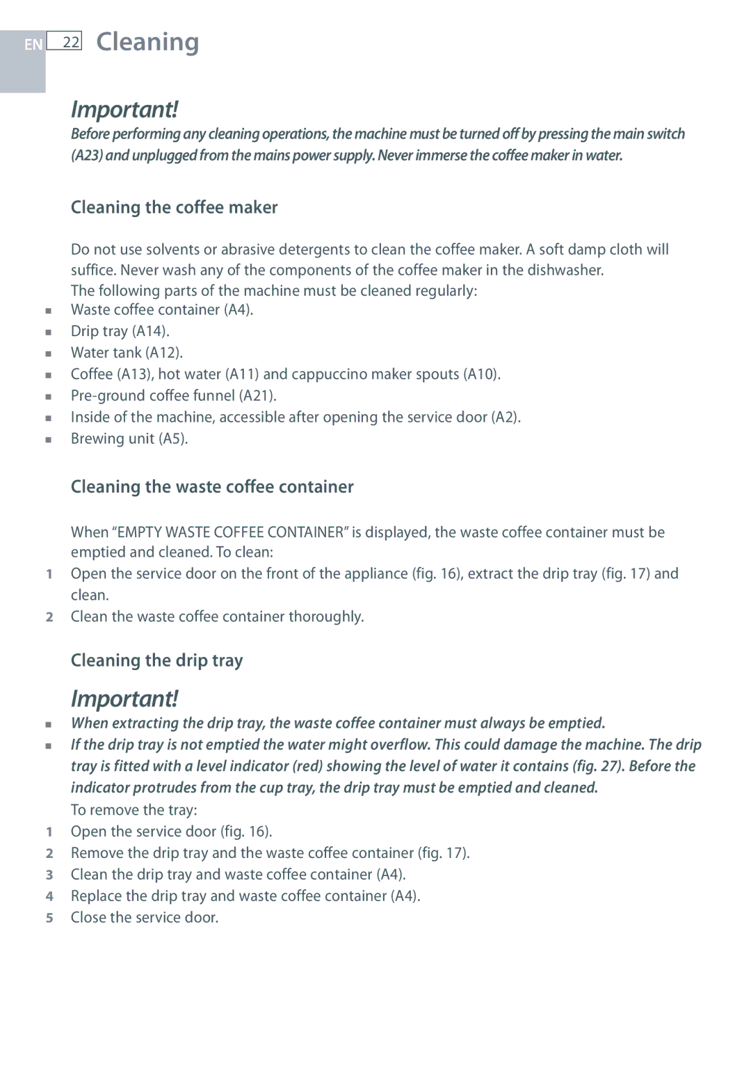 Fisher & Paykel EB60DSXB Cleaning the coffee maker, Cleaning the waste coffee container, Cleaning the drip tray 