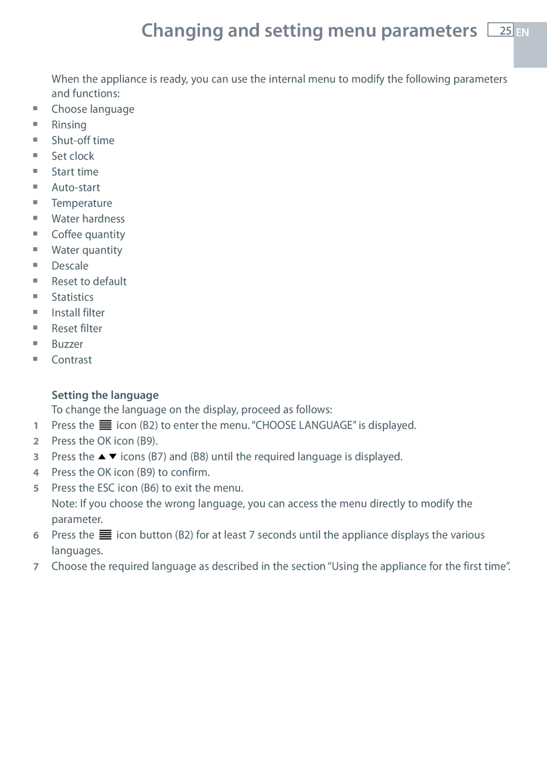 Fisher & Paykel EB60DSXB installation instructions Changing and setting menu parameters, Setting the language 