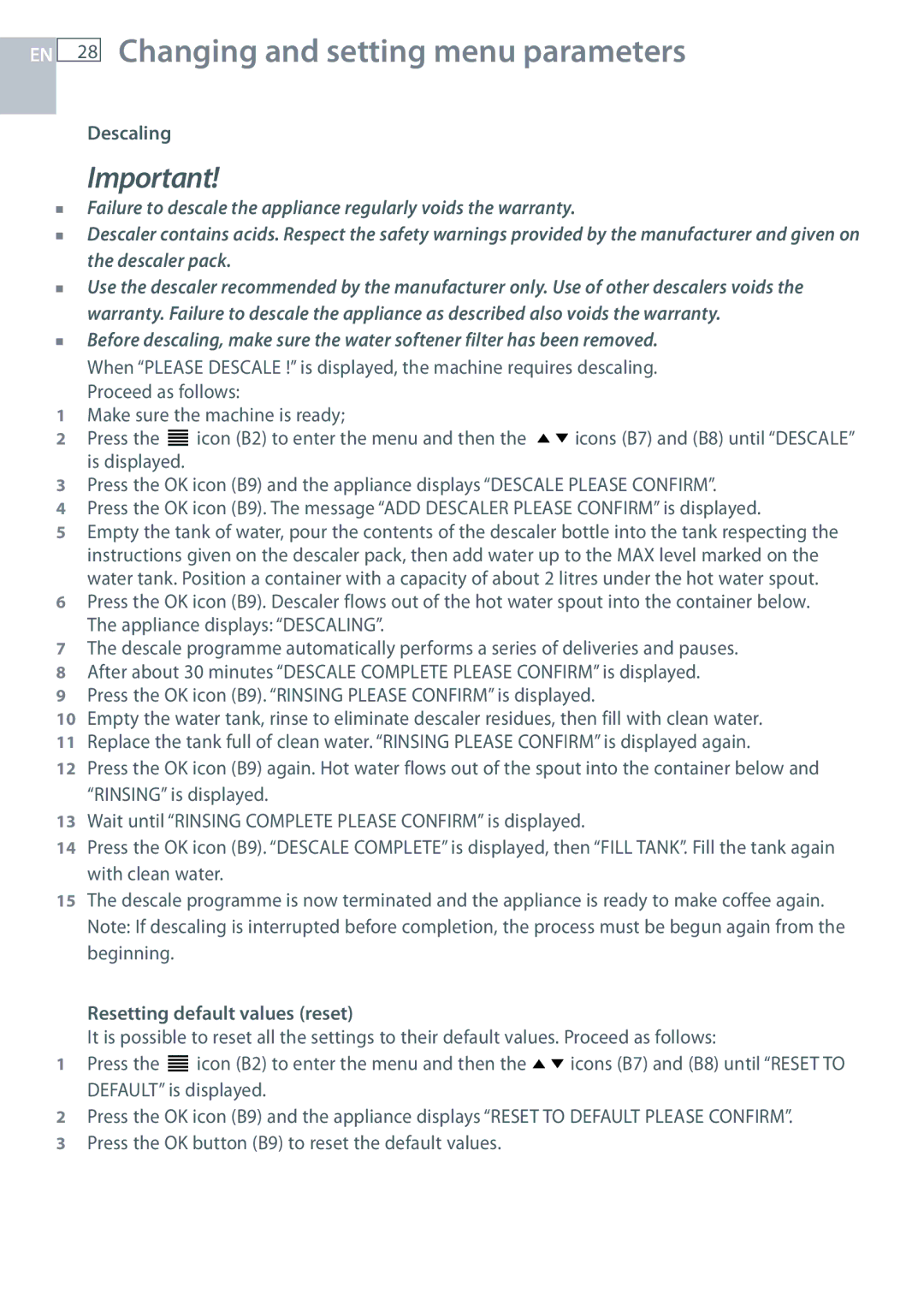 Fisher & Paykel EB60DSXB installation instructions Descaling, Resetting default values reset 