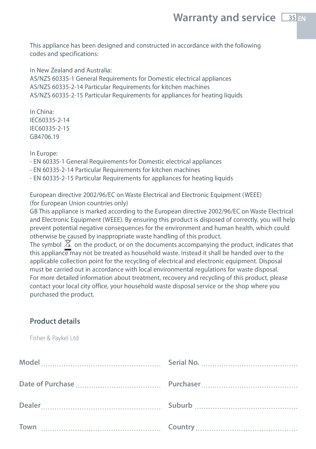 Fisher & Paykel EB60DSXB installation instructions Product details, 35 EN 