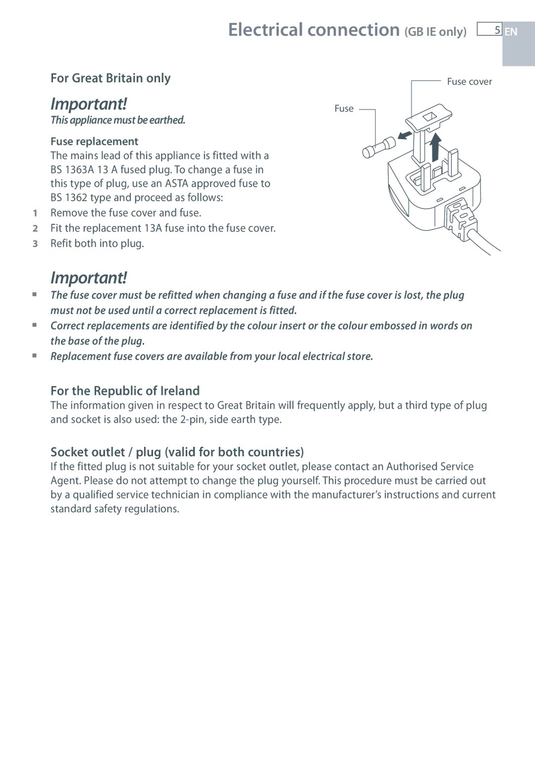 Fisher & Paykel EB60DSXB installation instructions For Great Britain only, For the Republic of Ireland, Fuse replacement 