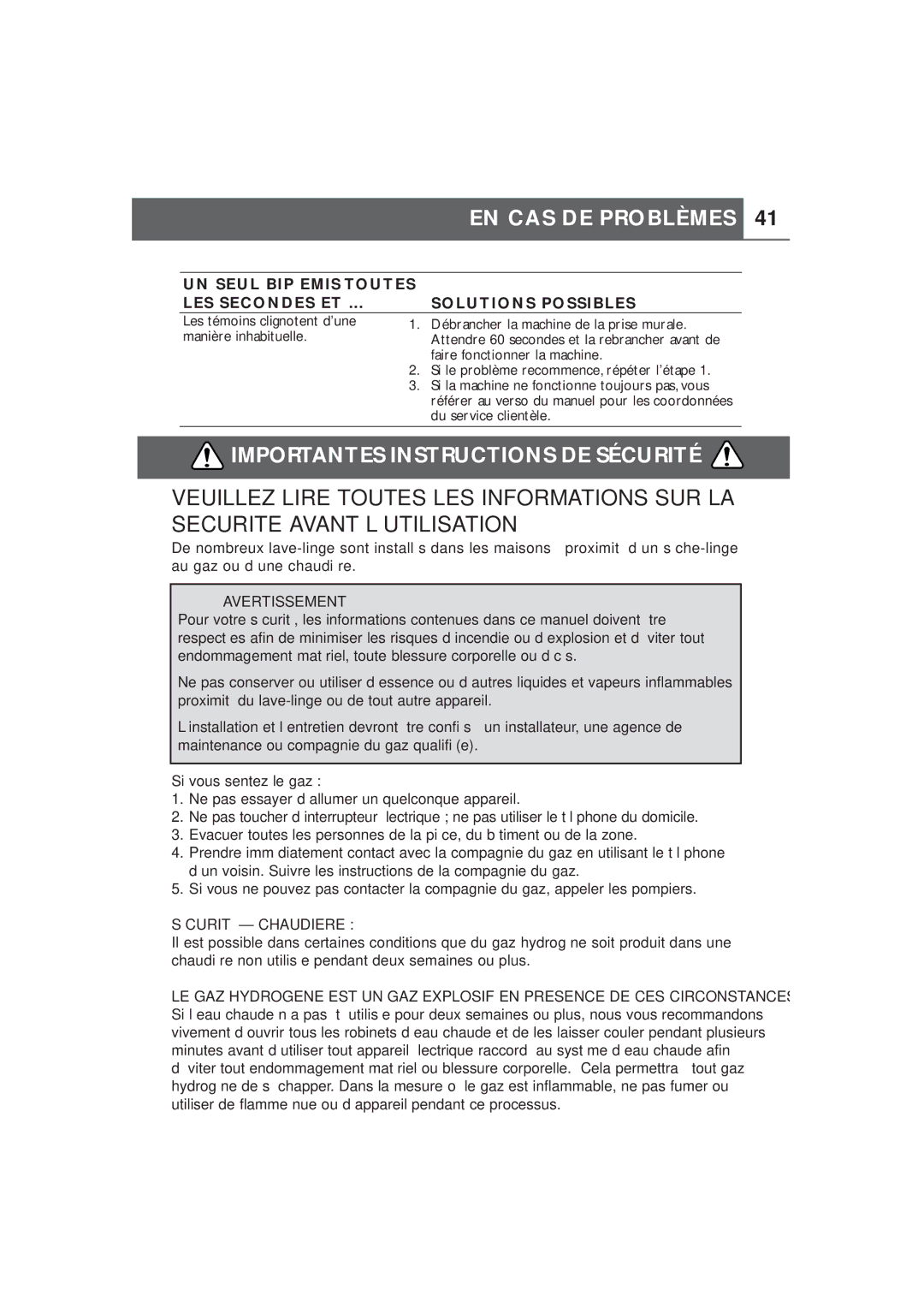 Fisher & Paykel Ecosmart Importantes Instructions DE Sécurité, UN Seul BIP Emis Toutes LES Secondes ET Solutions Possibles 