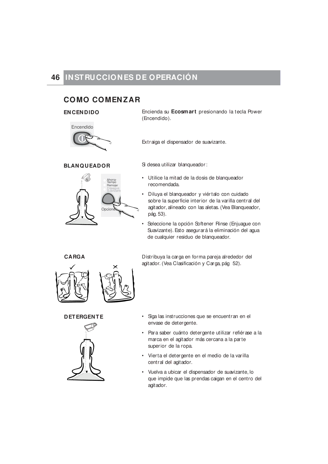 Fisher & Paykel Ecosmart manual Instrucciones DE Operación, Como Comenzar, Encendido, Blanqueador, Carga Detergente 