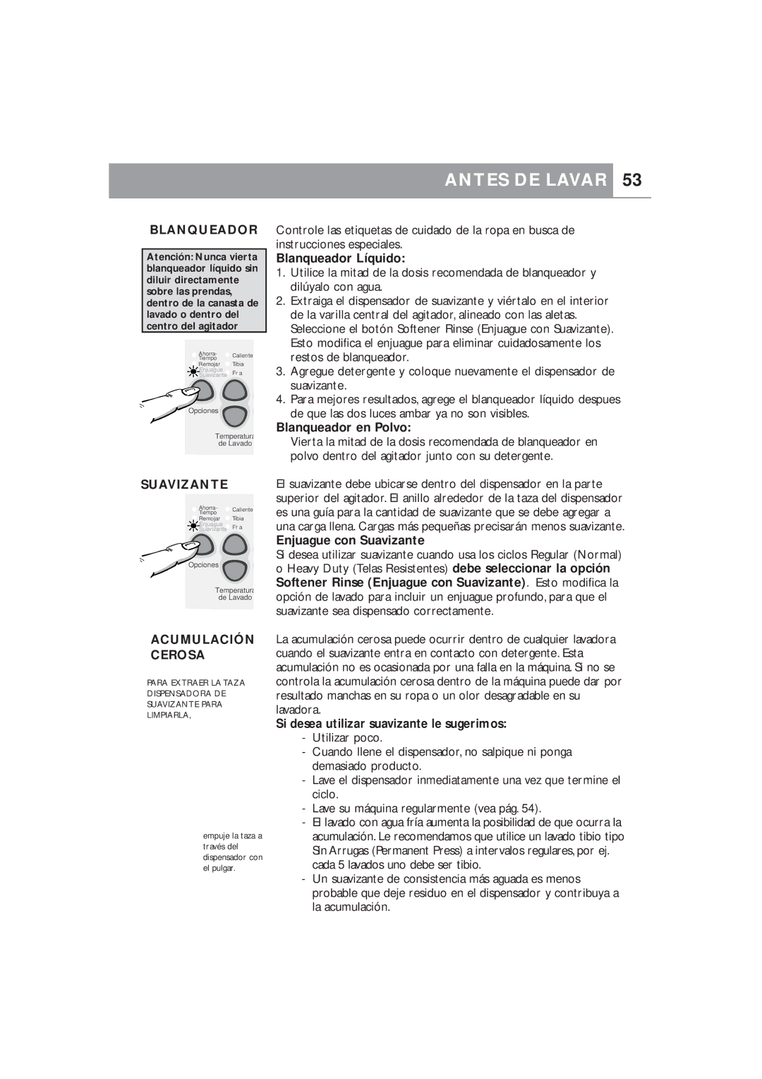 Fisher & Paykel Ecosmart manual Acumulación Cerosa, Blanqueador Líquido, Blanqueador en Polvo, Enjuague con Suavizante 